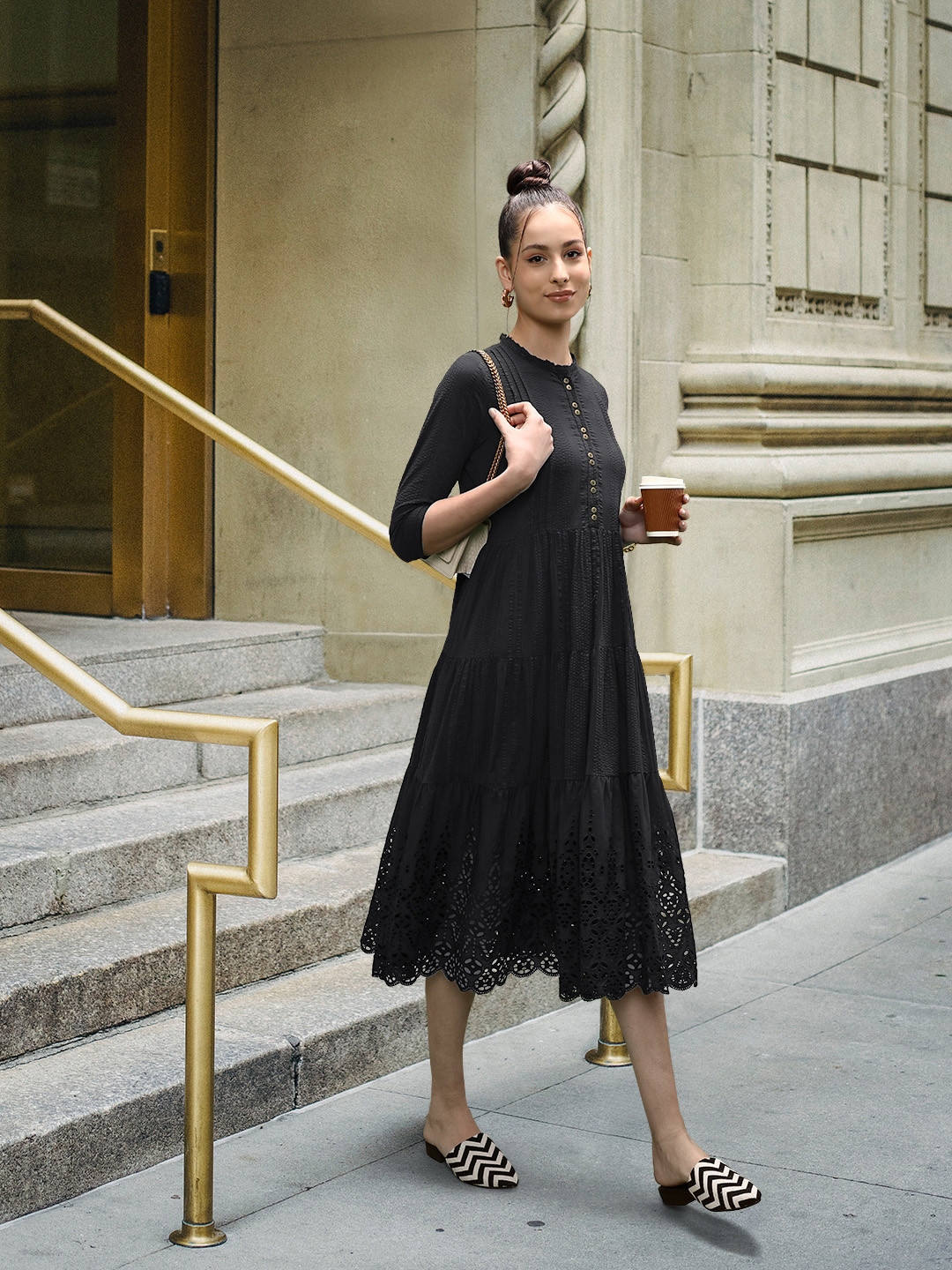 W Black Mandarin collar Pure Cotton Midi Dress
