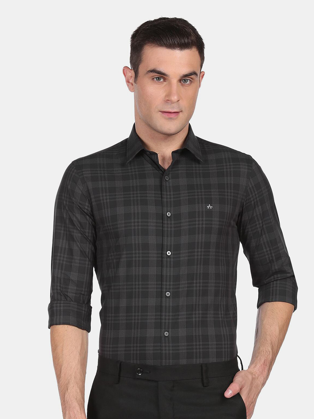 Arrow New York Men Black Slim Fit Tartan Checks Checked Formal Skinny Fit Shirt