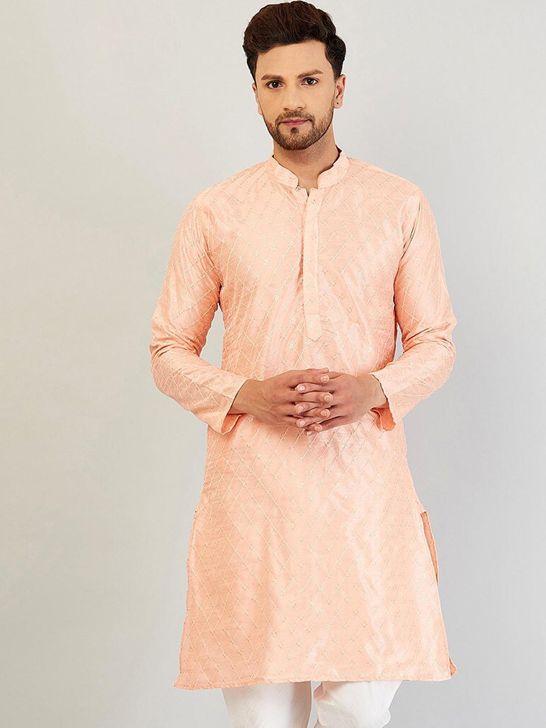 Armaan Ethnic Men Pink Thread Work Indigo Silk Kurta