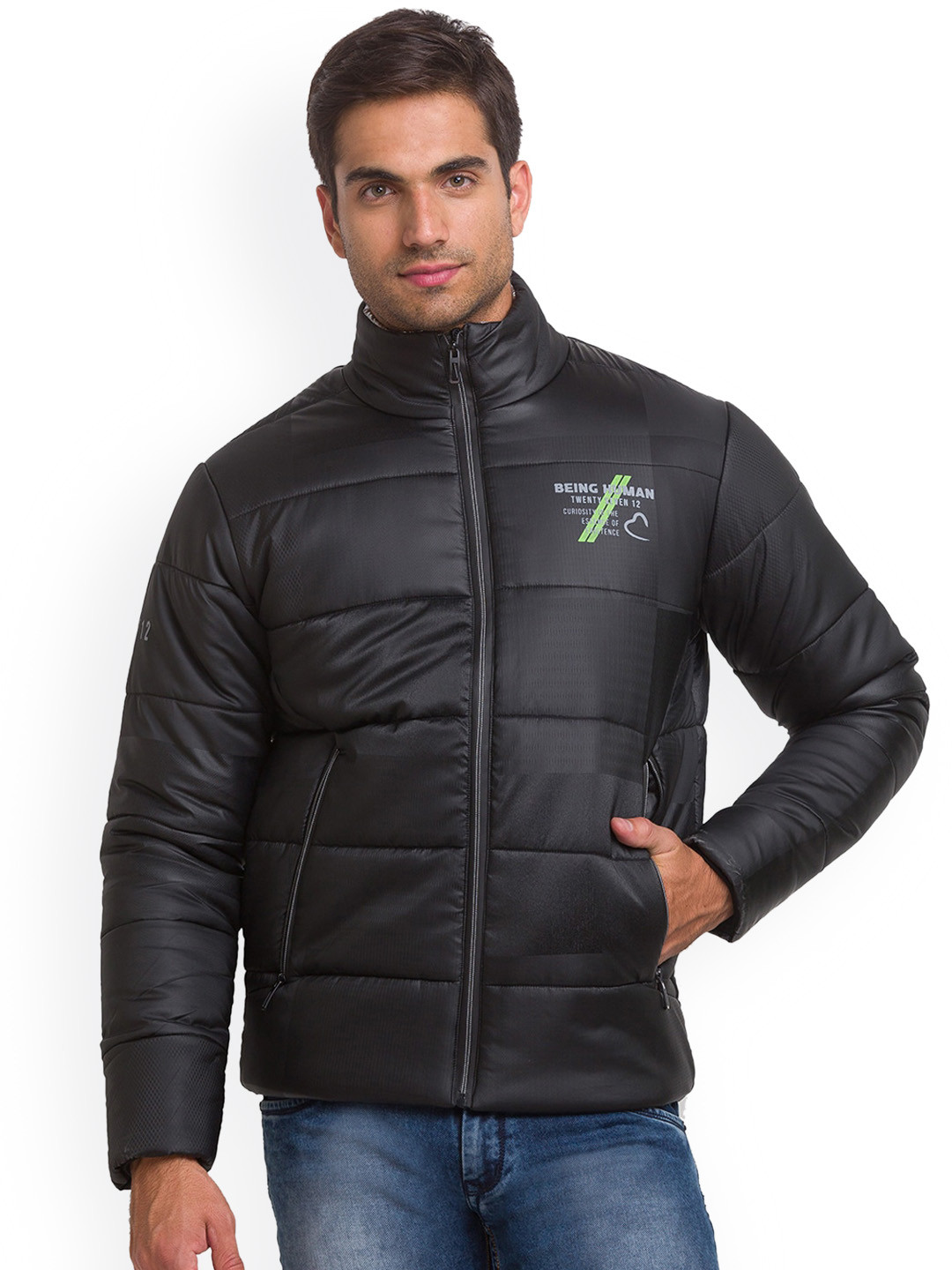 Being Human Men Black Padded Jacket with Patchwork
