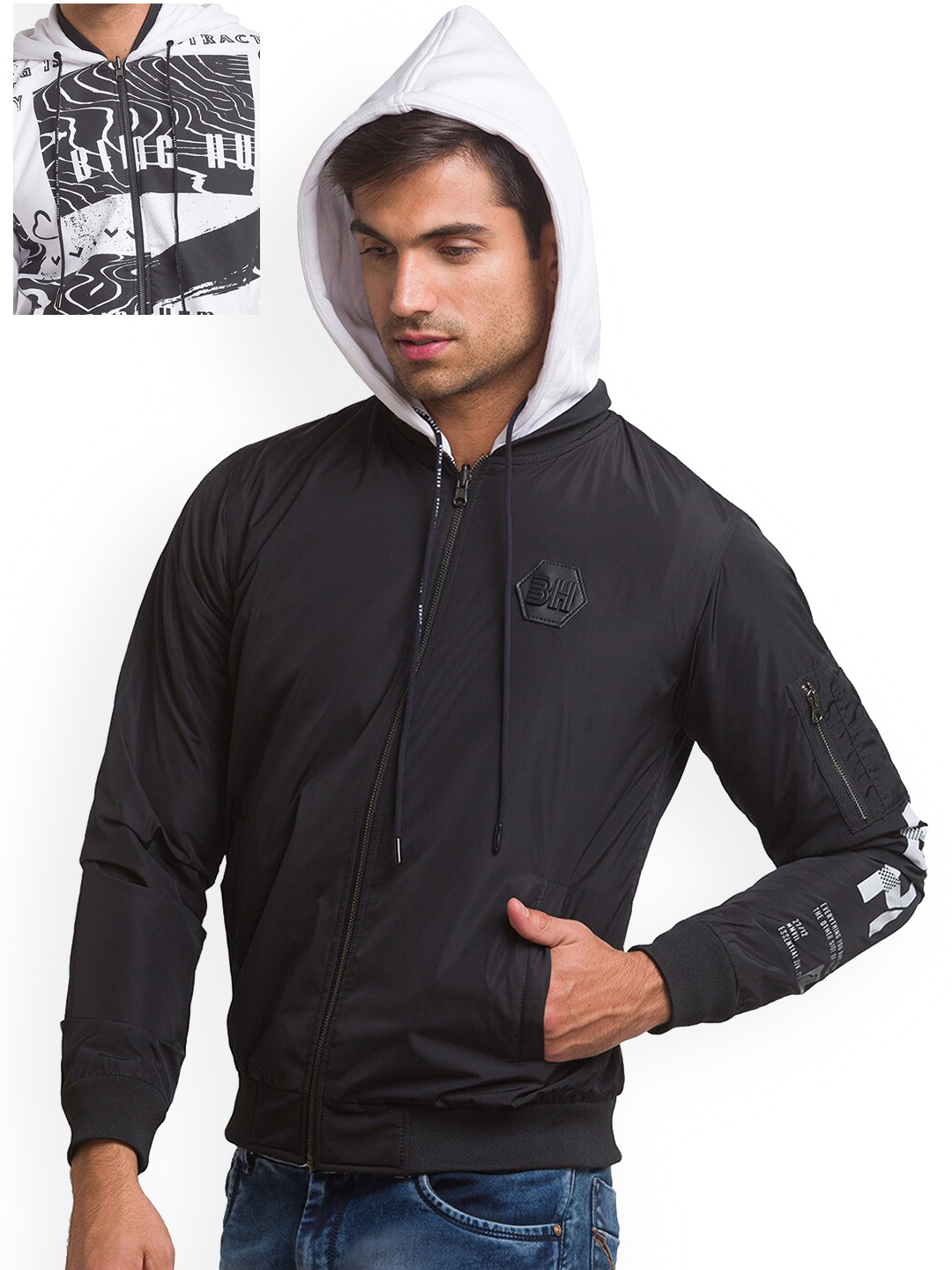 Being Human Men Black Longline Bomber with Patchwork Jacket