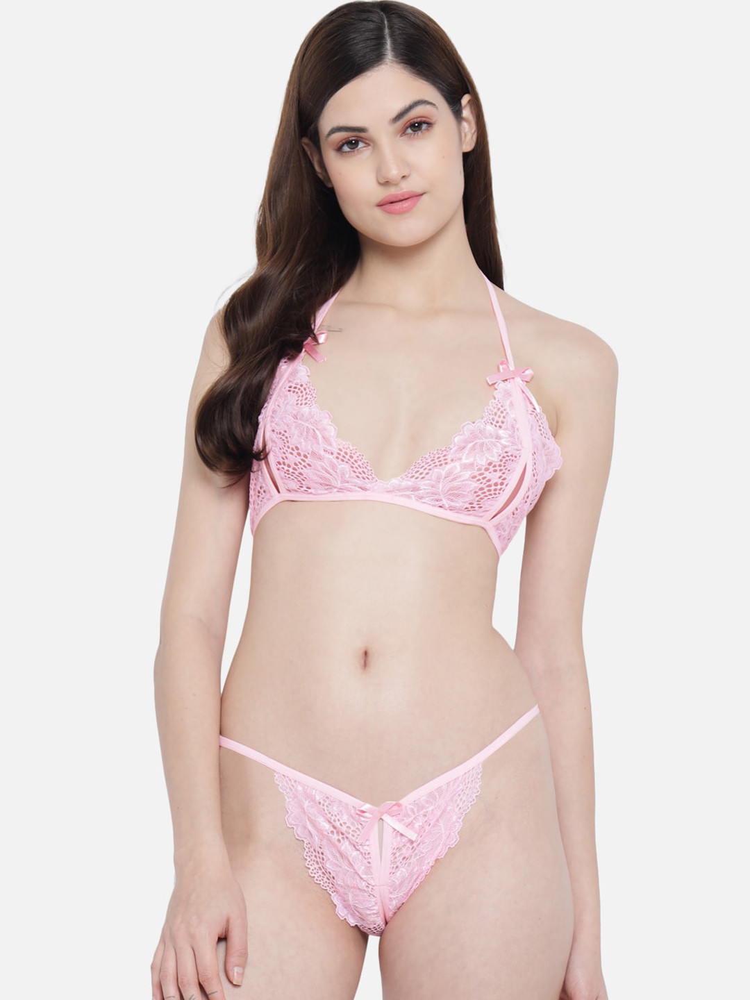 SECRETS BY ZEROKAATA Women Pink Solid Lace Lingerie Set SYLSPNKSTXI61A