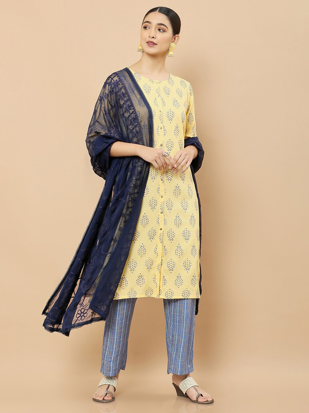 Soch Navy Blue Embroidered Dupatta