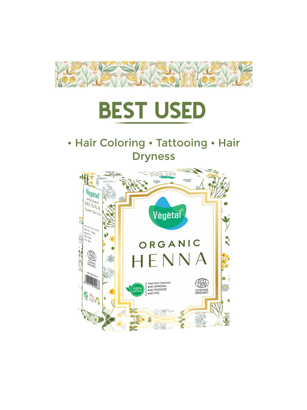 Vegetal Ammonia Free Organic Henna For Hair Coloring & Tattooing - 100g