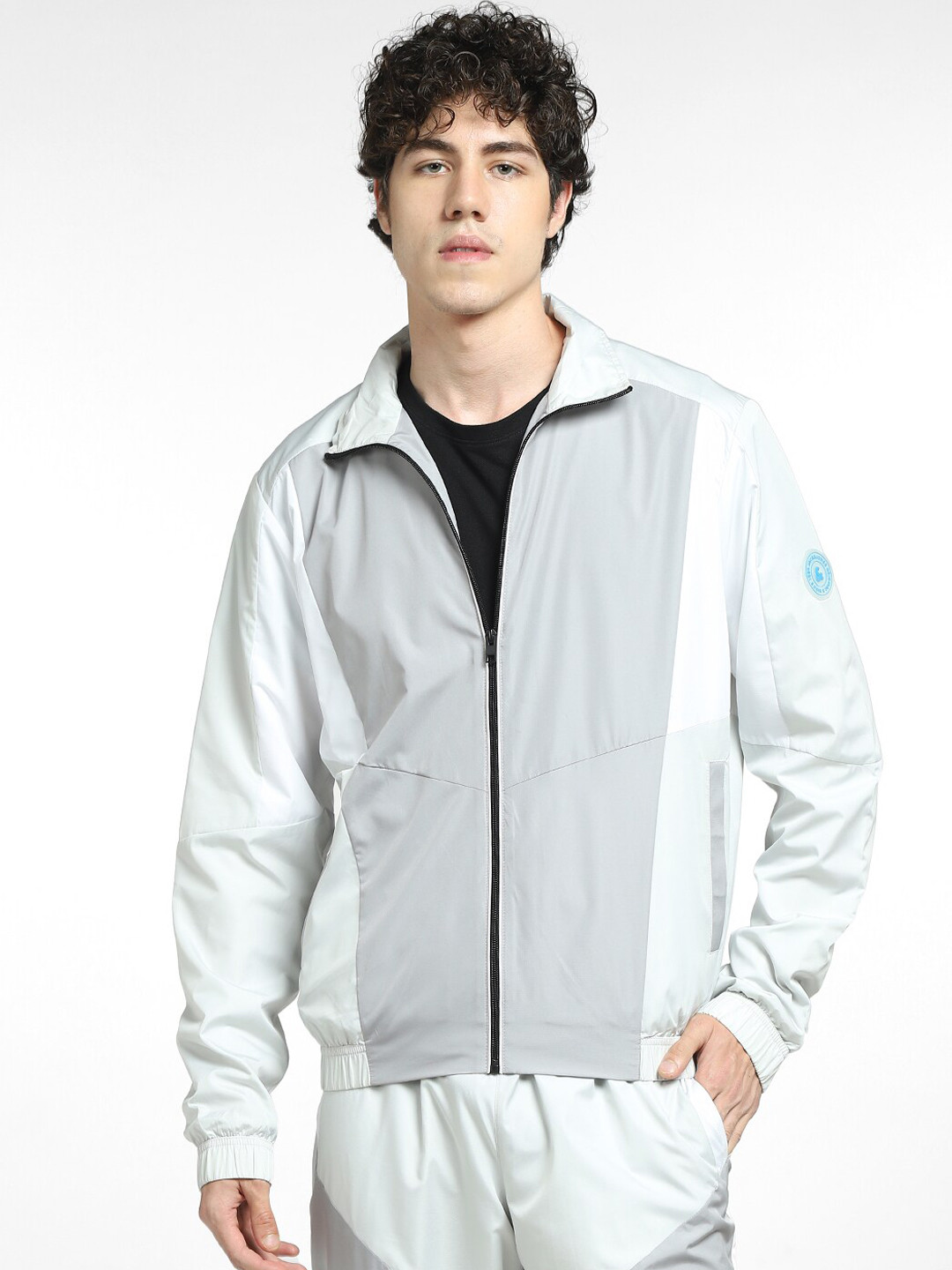 Jack & Jones Men Grey Colourblocked Crop Varsity Jacket