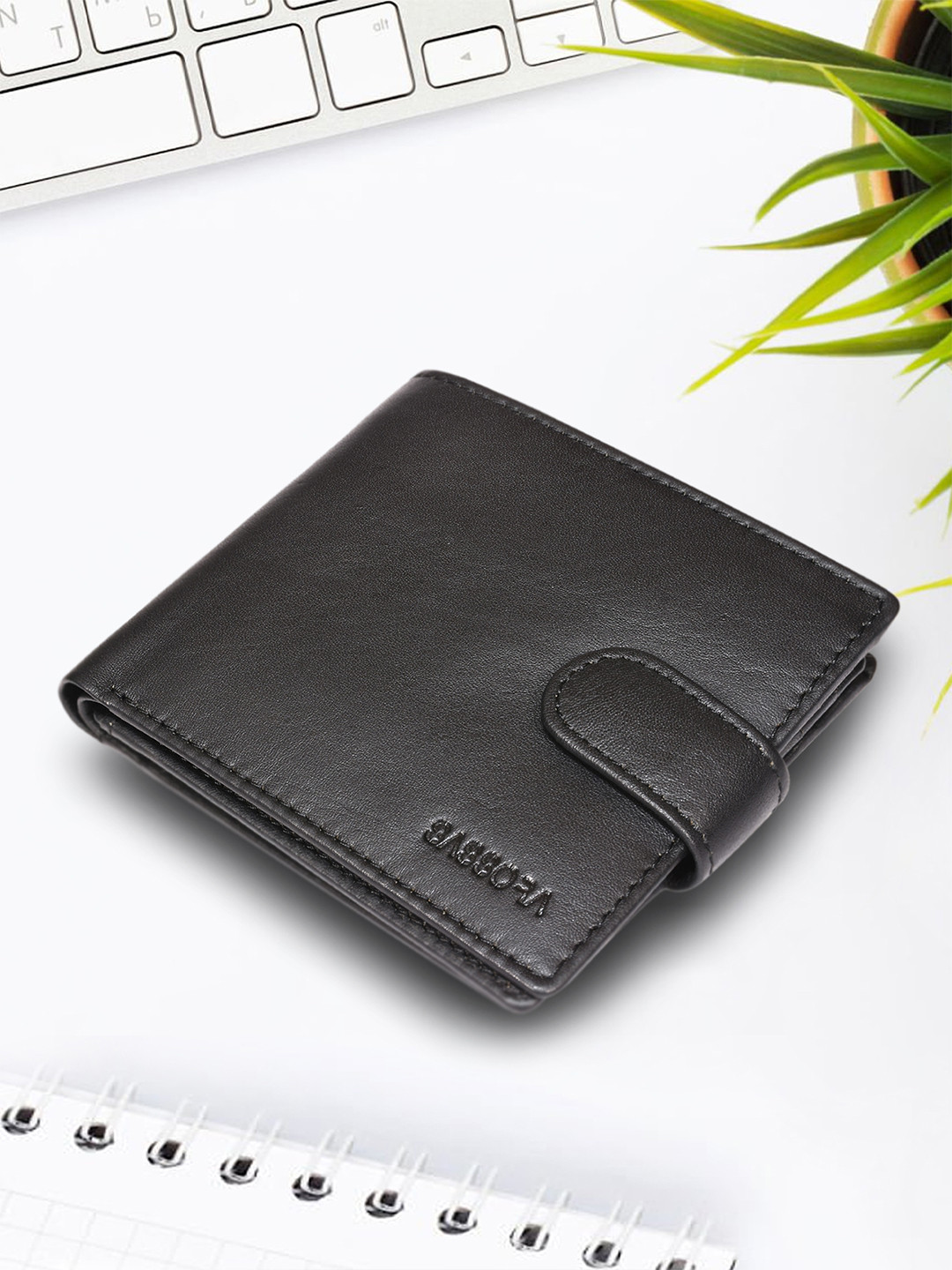 Sassora Men Black Buckle Detail Leather RFID Two Fold Wallet