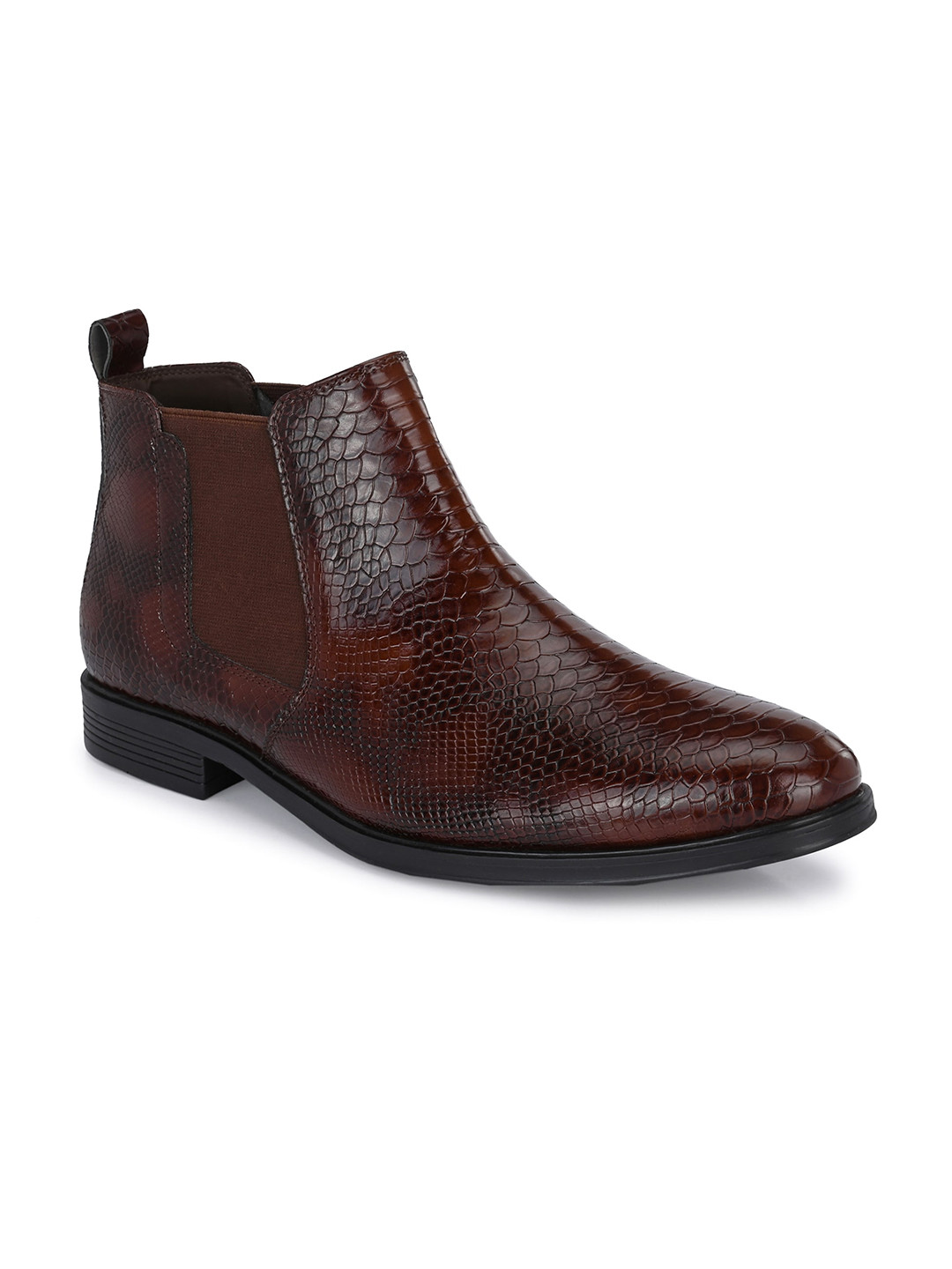 San Frissco Men Brown Faux Leather Croco Textured Chelsea Boots