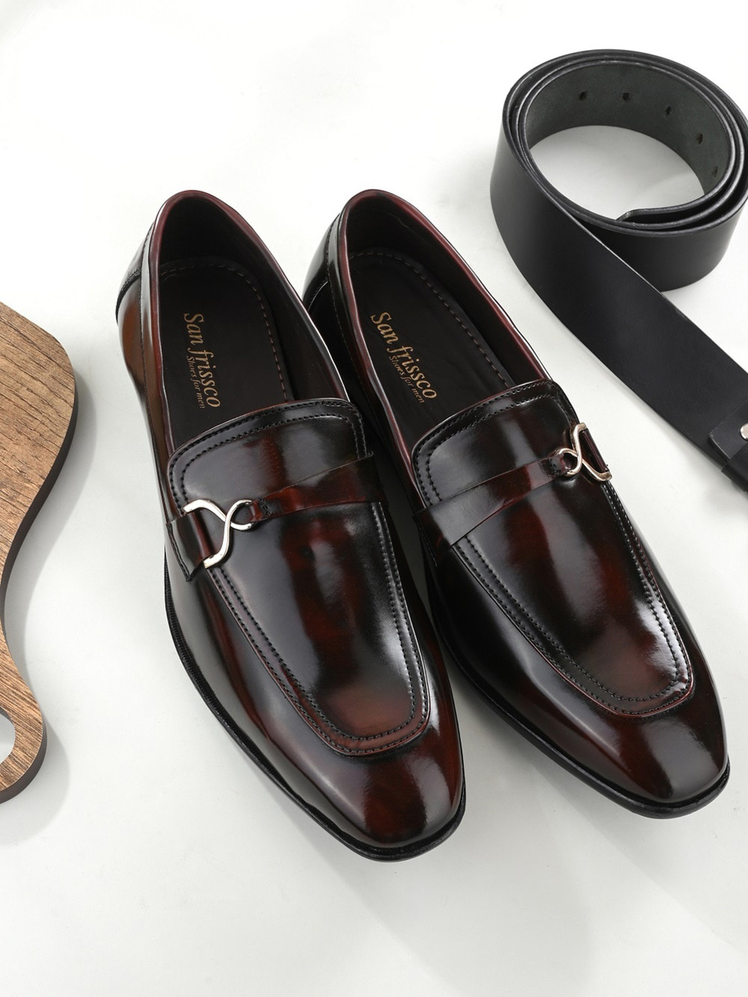 San Frissco Men Maroon Faux Leather Formal Buckles Shoes