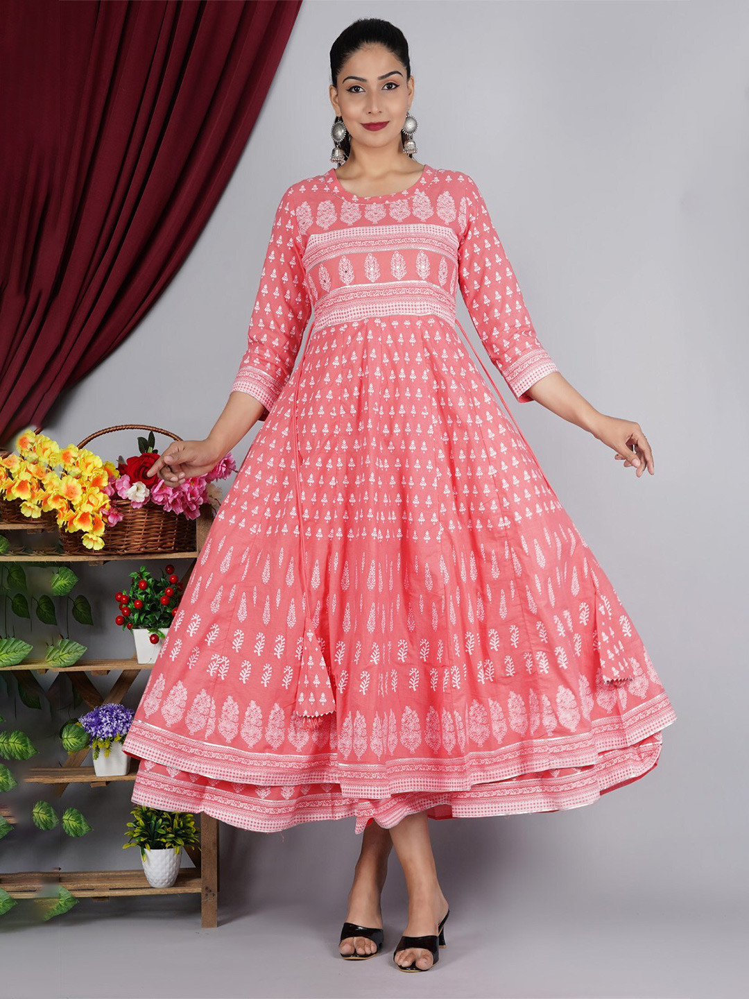 Mishpra Peach-Coloured & White Printed Ethnic Dress With Dupatta