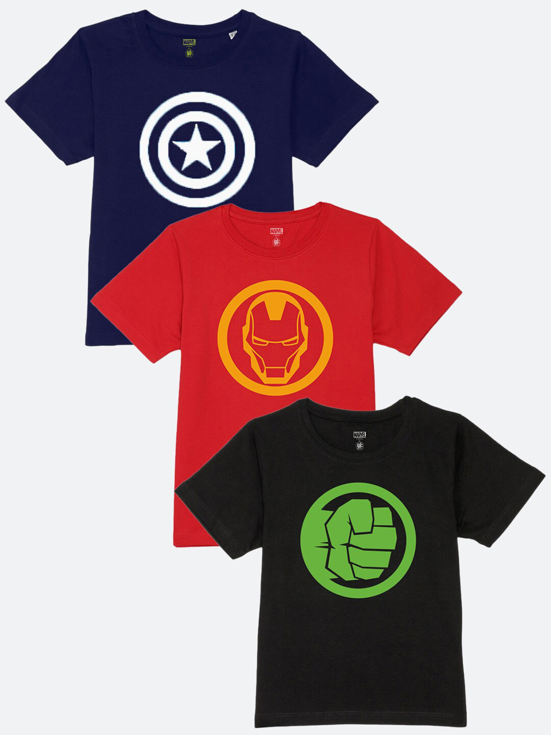YK Marvel Boys Pack of 3 Captain America Thor & Iron Man Logo Printed T-shirt