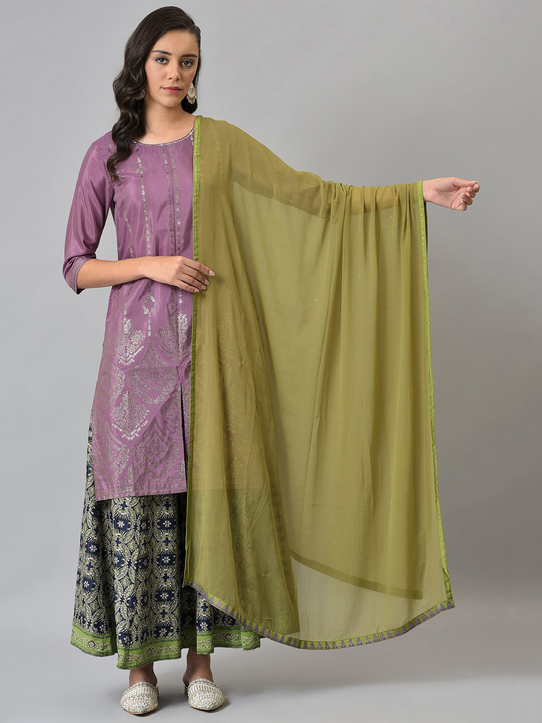 W Green & Purple Dupatta with Mirror Work