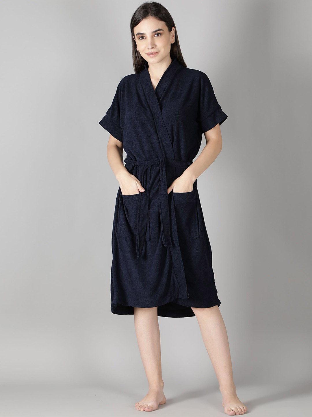 HotGown Navy Blue Solid Cotton Drawstring Knee Length Bath Robe-S