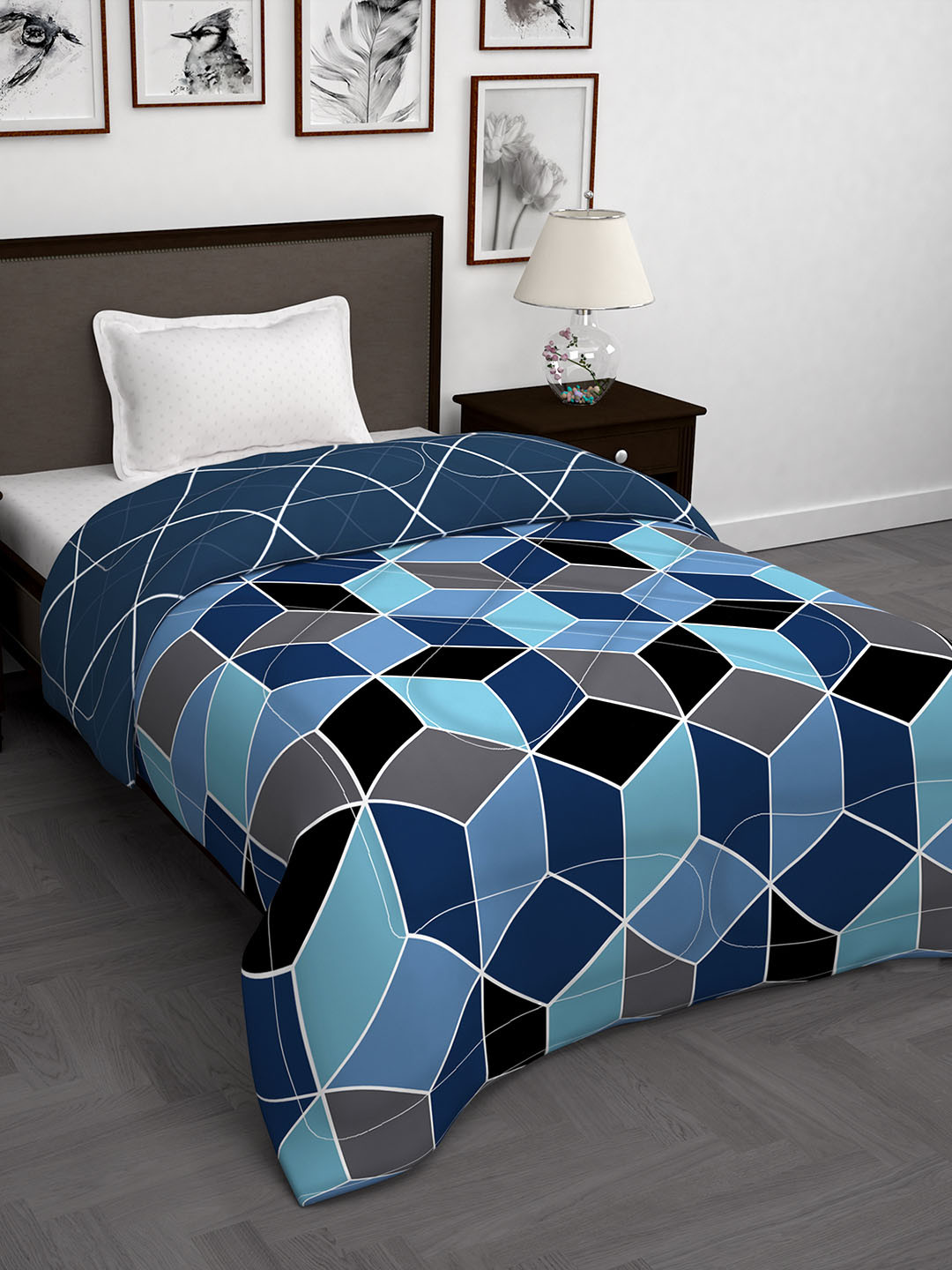 Story@home Blue & Black Geometric 180 GSM AC Room Reversible Single Bed Comforter