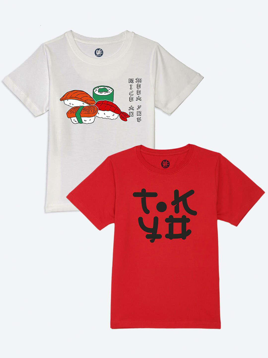 YK Boys Pack of 2 White & Red Anime & Asian Food Printed Cotton T-shirts