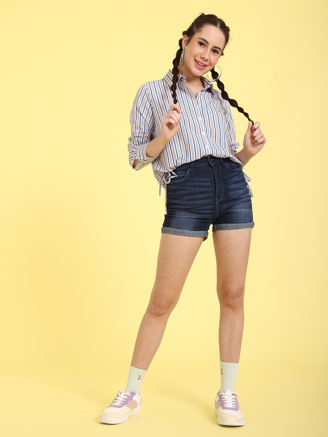Flying Machine Women White & Blue Striped Casual Shirt