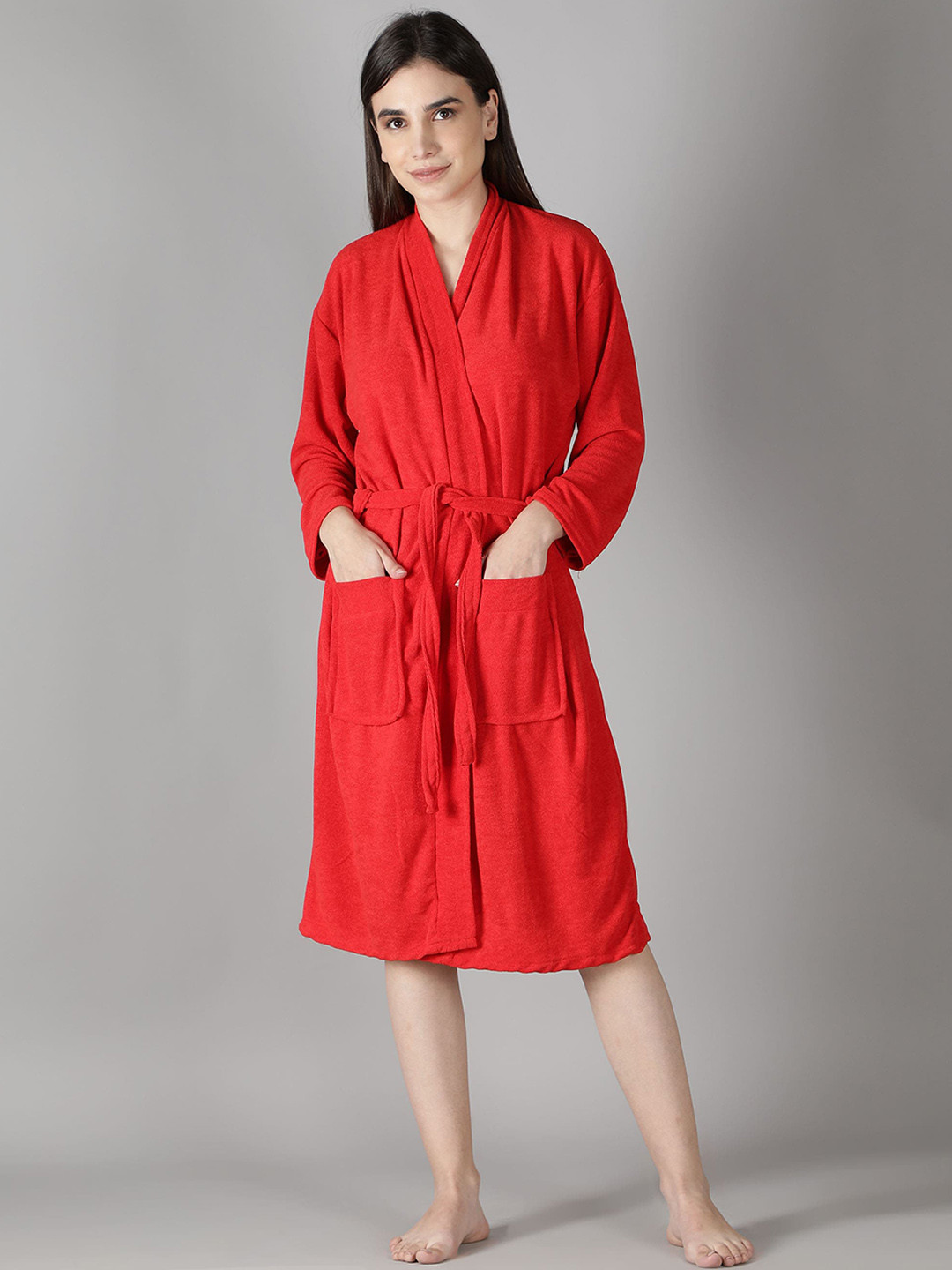 HotGown Red Solid Cotton Drawstring Knee Length Bath Robe-S