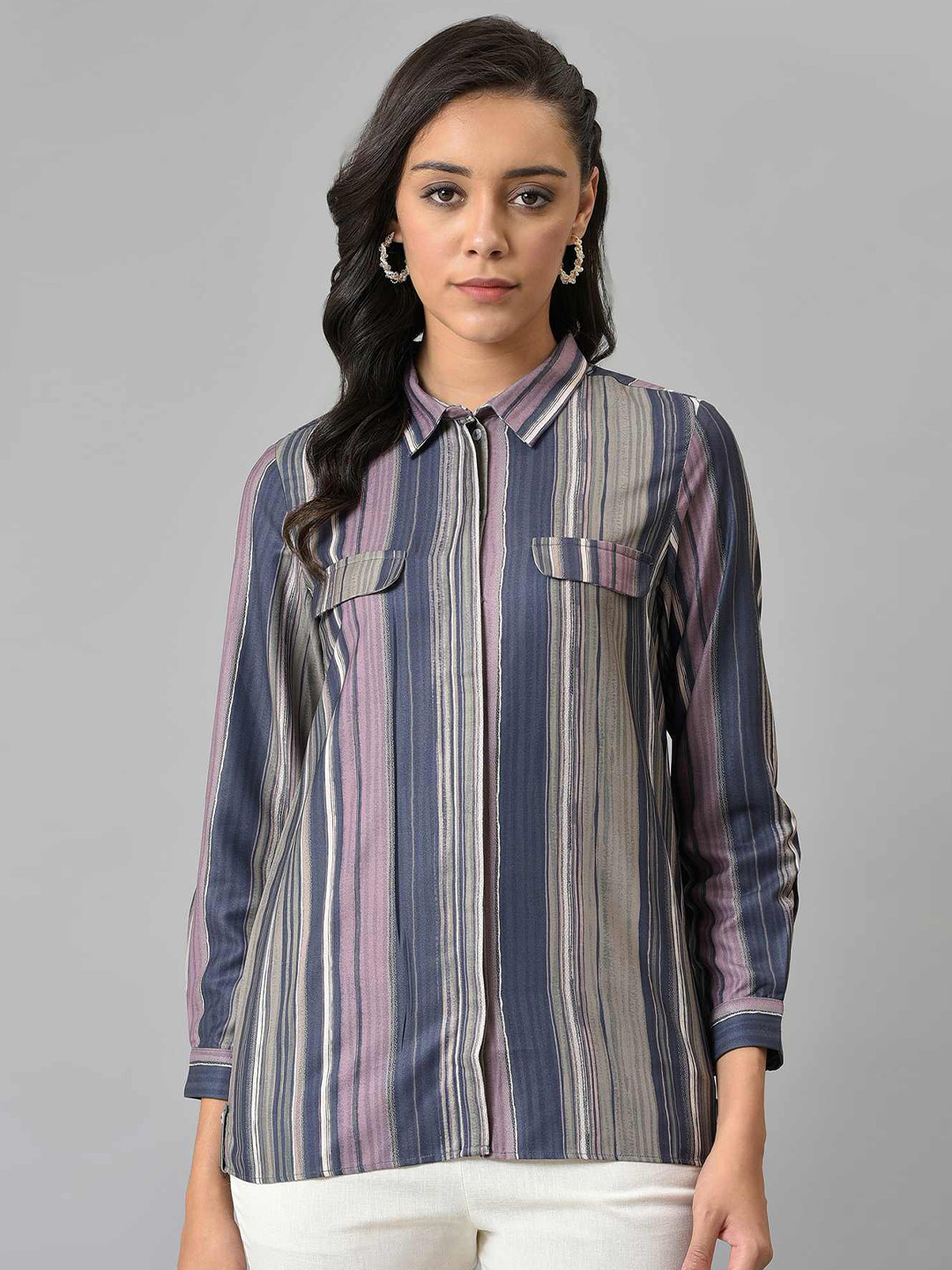 W Women Purple Striped Shirt Style Top