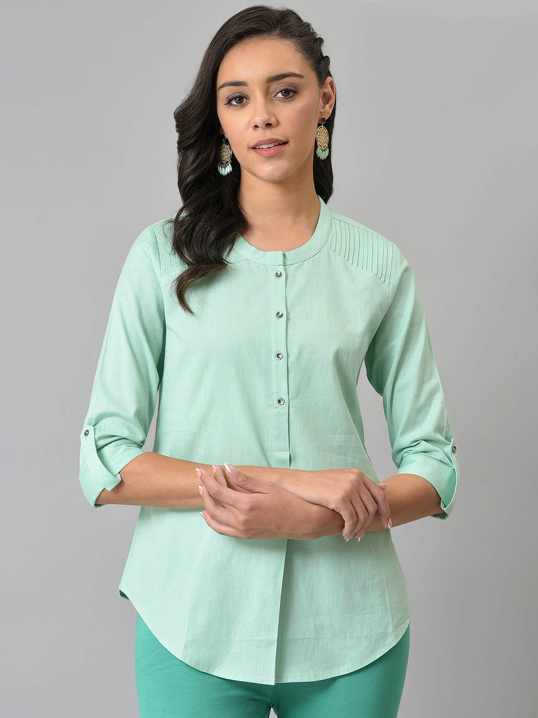 W Women Green Pure Cotton Shirt Style Top