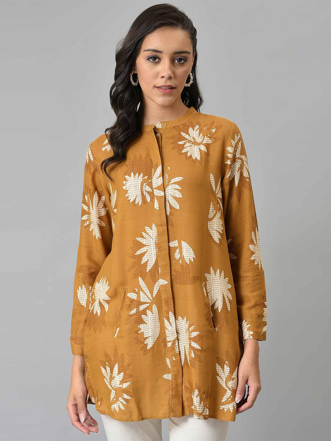 W Mustard Yellow Floral Print Mandarin Collar Shirt Style Longline Viscose Rayon Top