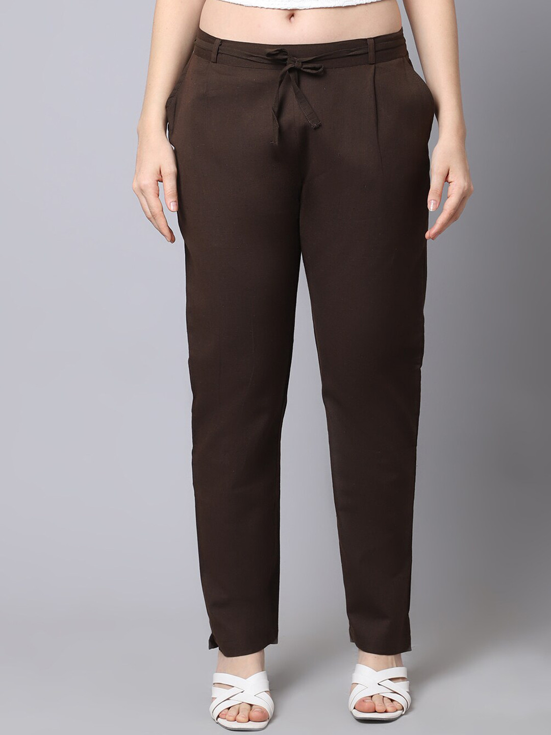 Pistaa Women Brown Solid Cigarette Trousers