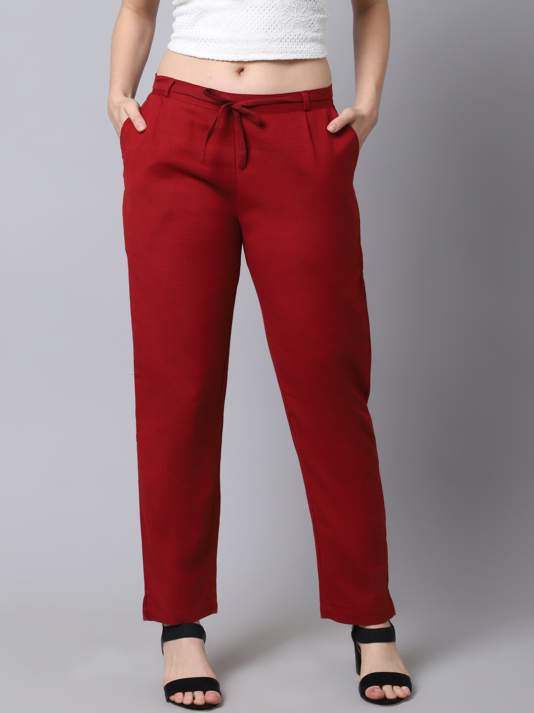 Pistaa Women Maroon Cigarette Trousers