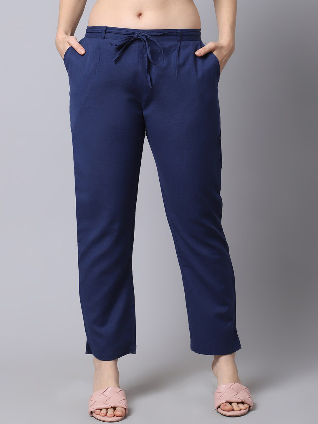 Pistaa Women Navy Blue Pleated Cigarette Trousers