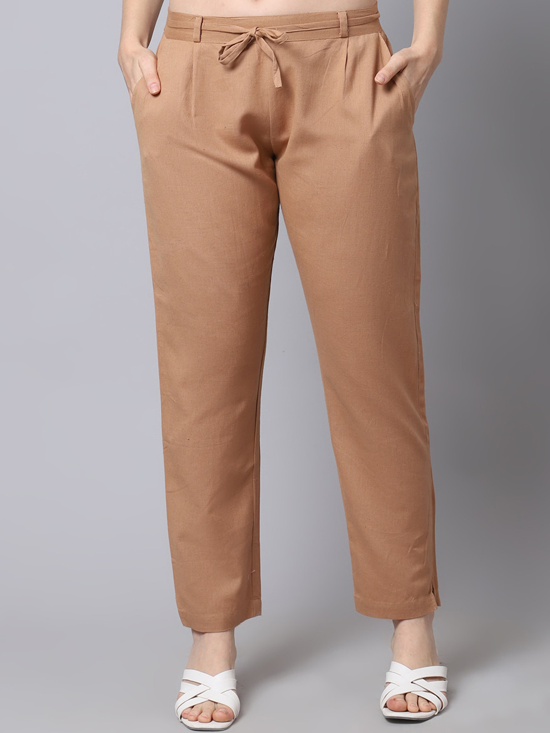 Pistaa Women Brown Straight Fit Cigarette Trousers