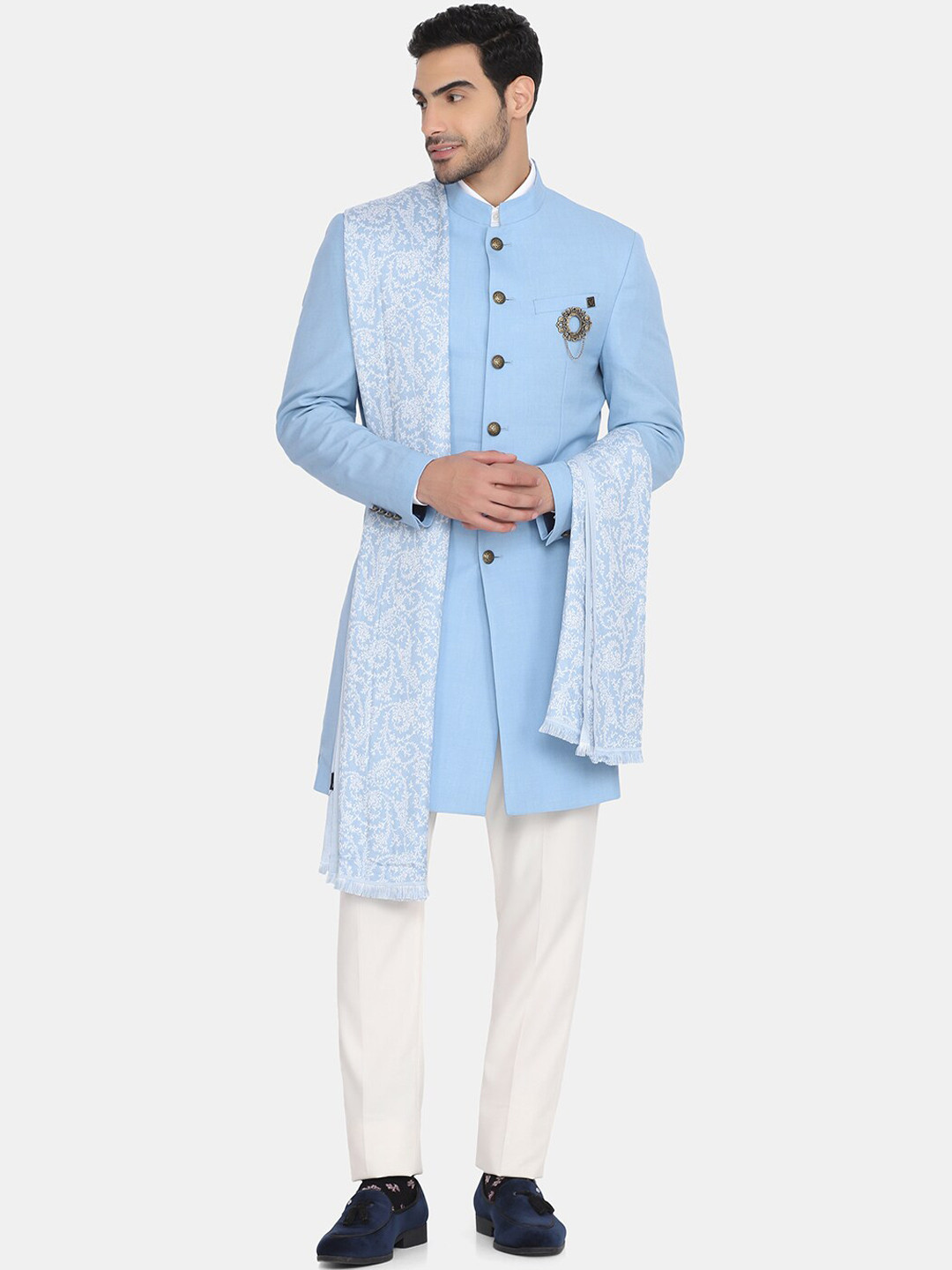 Blackberrys Men Blue & White Solid Slim-Fit Bandhgala Two-Piece Suit