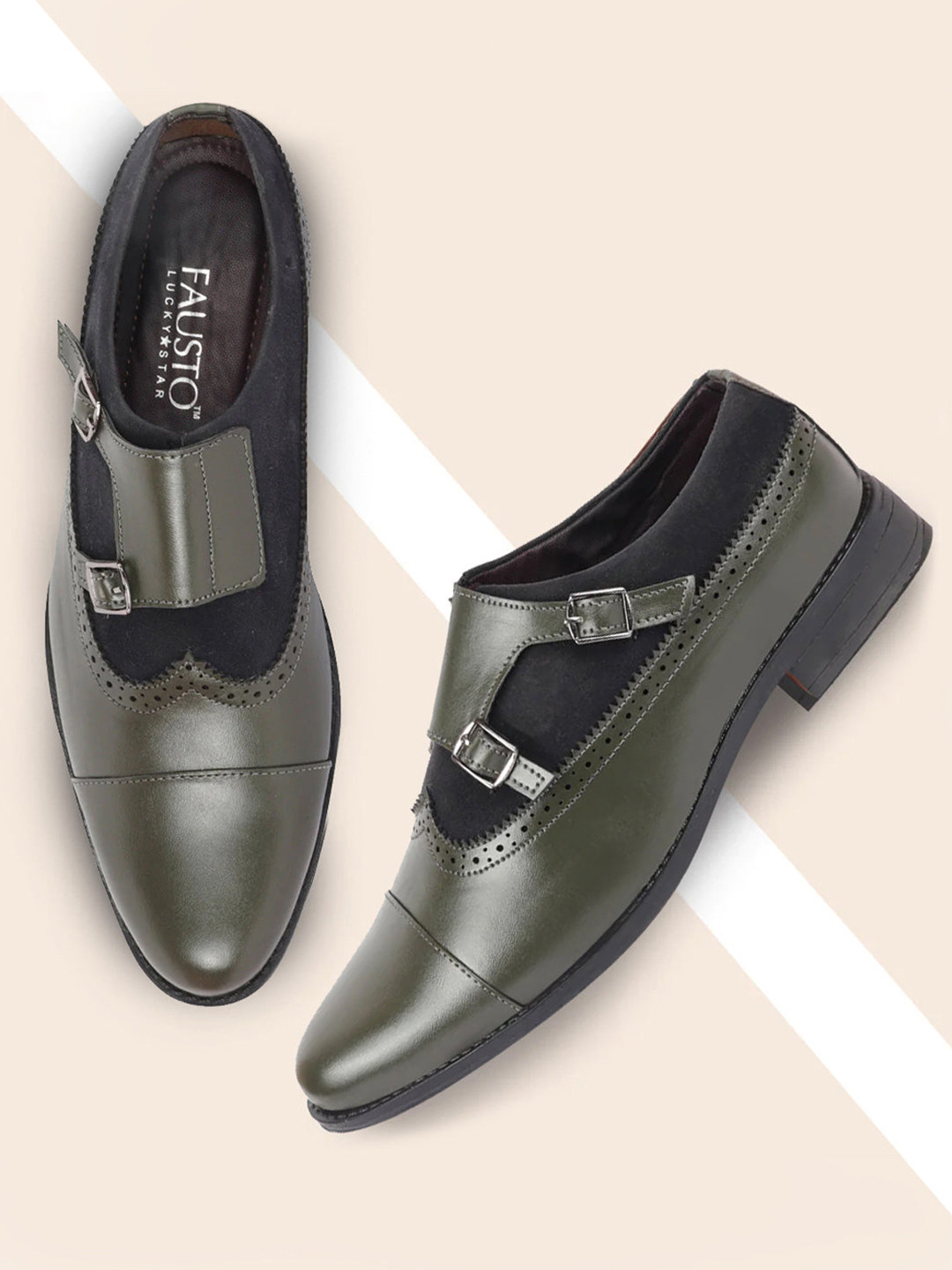 FAUSTO Men Green Colourblocked PU Double Strap Monks