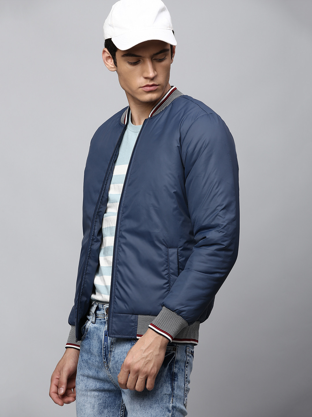 Dennis Lingo Men Navy Blue Lightweight Outdoor Bomber with Embroidered Jacket