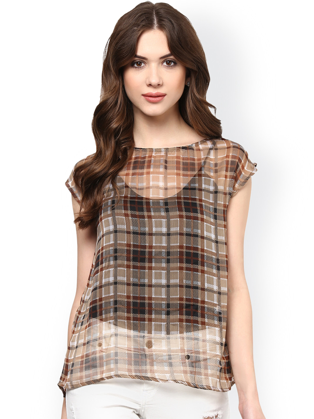 La Zoire Women Brown Checked Sheer Top