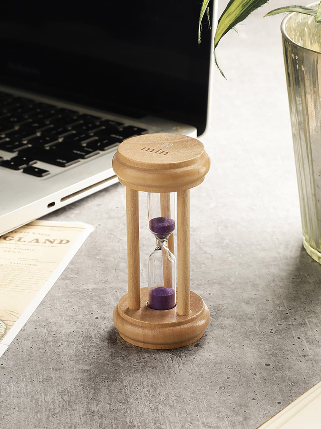 EXIM DECOR Three Pillar Sand Timer Purple Wood Natural Living Room Medium Showpiece - 3.9 Inches