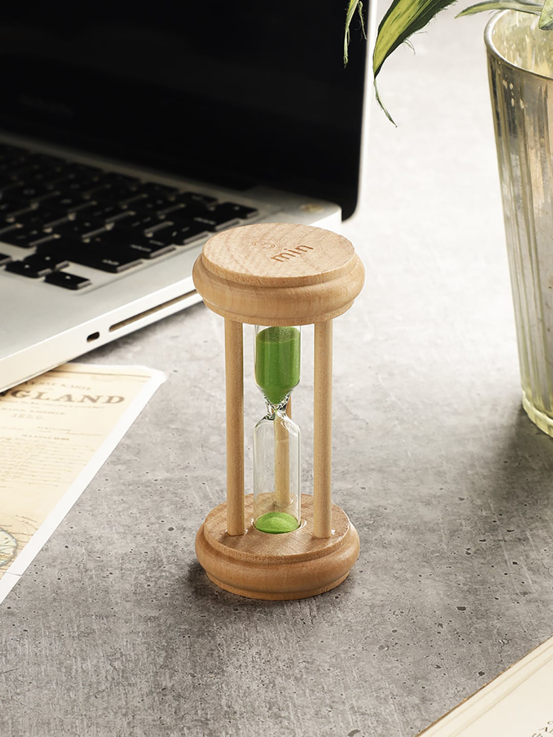 EXIM DECOR Sand Timer Green Wood Natural Living Room Medium Showpiece - 4 Inches