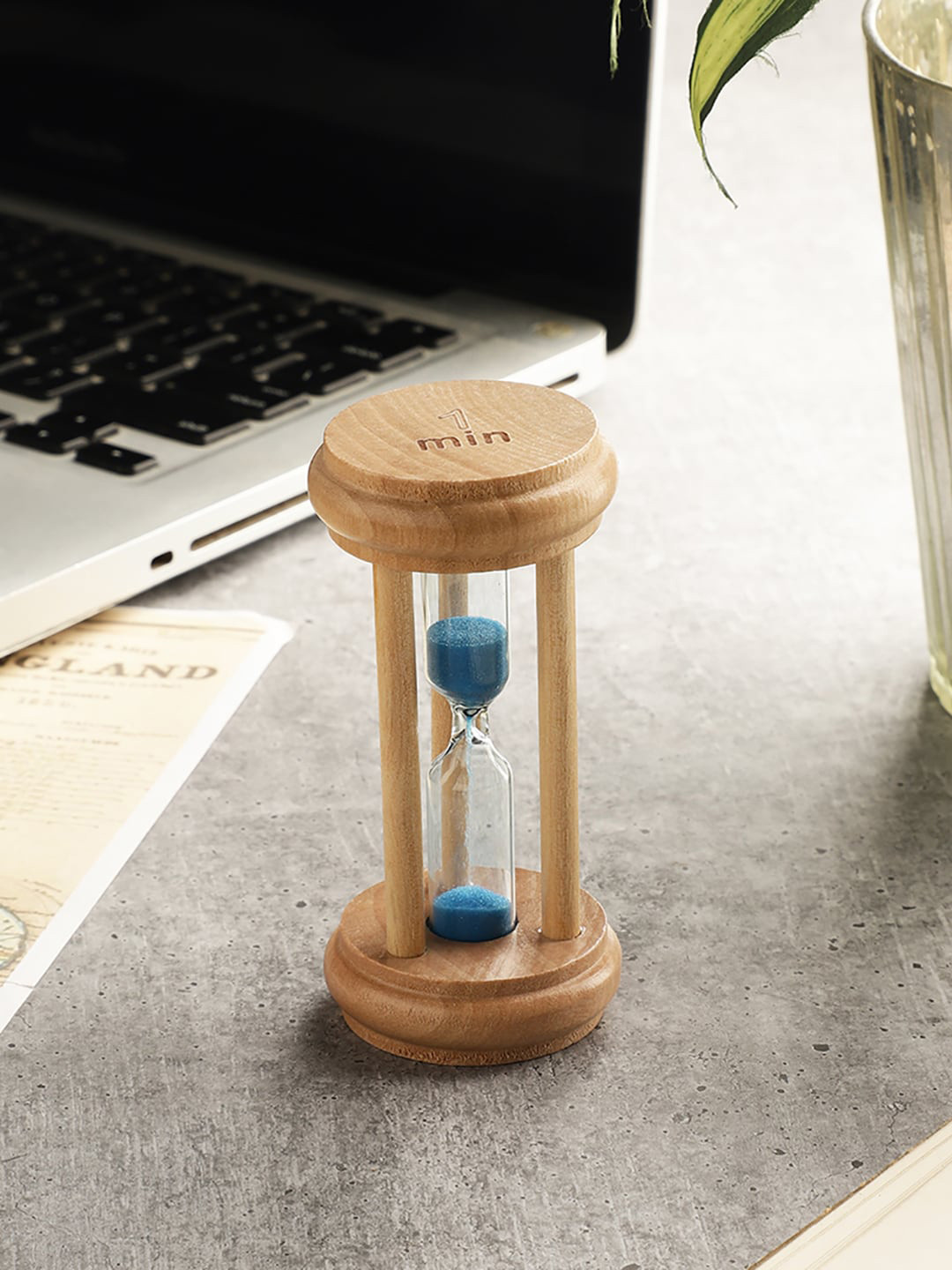 EXIM DECOR Three Pillar 1 Minute Sand Timer Blue Wood Natural Study Room Medium Showpiece - 4 Inches