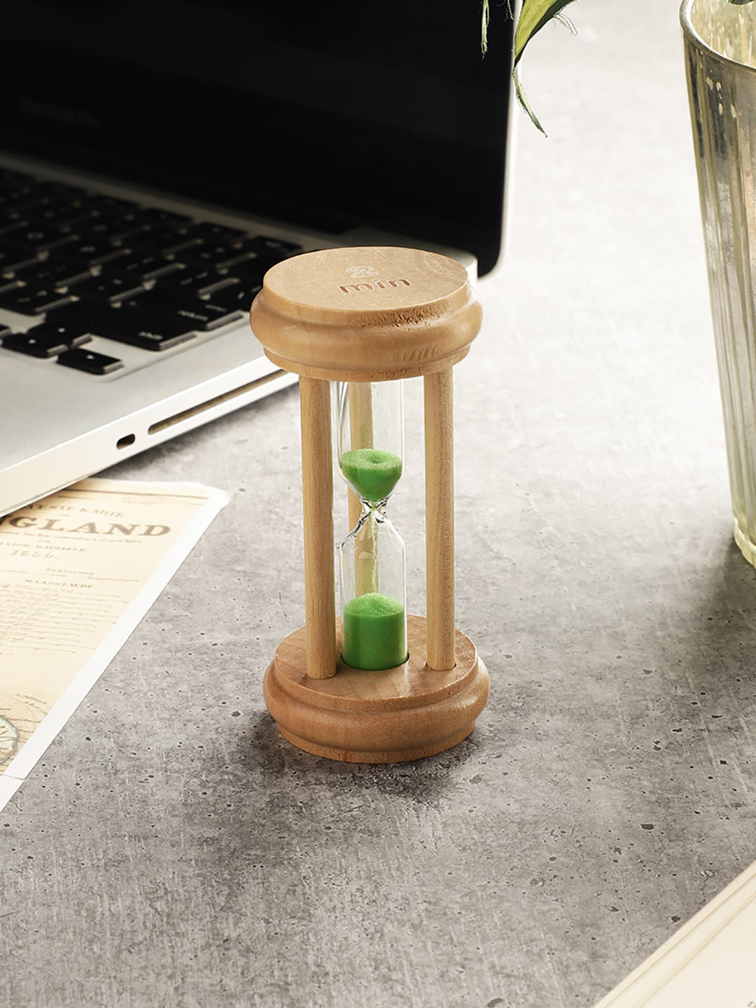 EXIM DECOR Sand Timer Green Wood Natural Home Office Medium Showpiece - 1.6 Inches