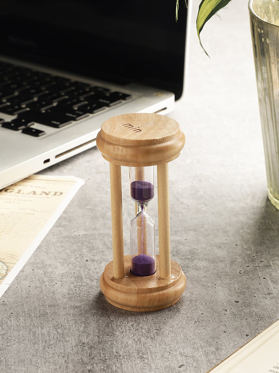 EXIM DECOR Three Pillar 1 Minute Sand Timer Purple Wood Natural Home Office Medium Showpiece - 4 Inches