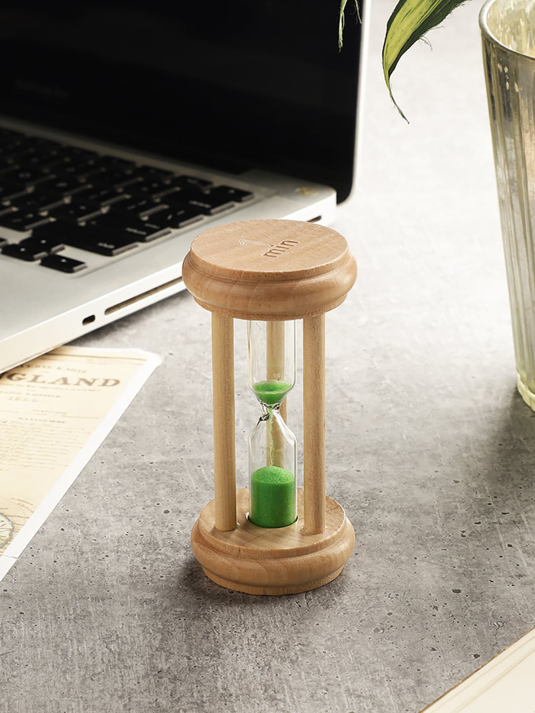 EXIM DECOR Three Pillar Sand Timer Green Wood Natural Living Room Medium Showpiece - 4 Inches