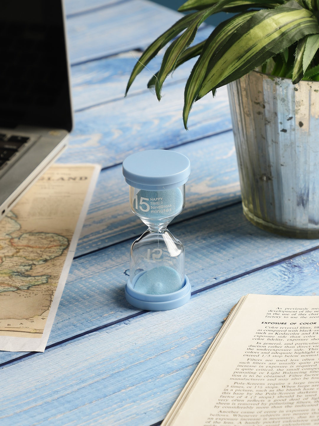 EXIM DECOR Sand Timer Blue Glass Mirrored Living Room Medium Showpiece - 3.9 Inches