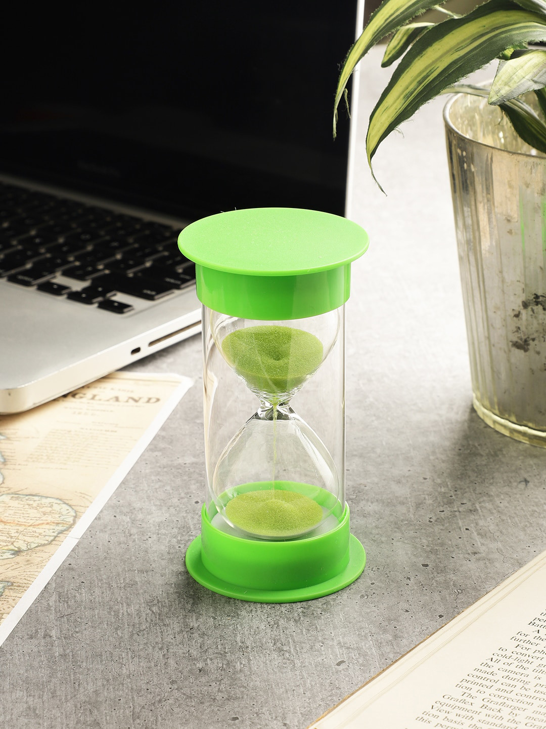 EXIM DECOR Sand Timer Green Plastic Glossy Study Room Medium Showpiece - 4.7 Inches