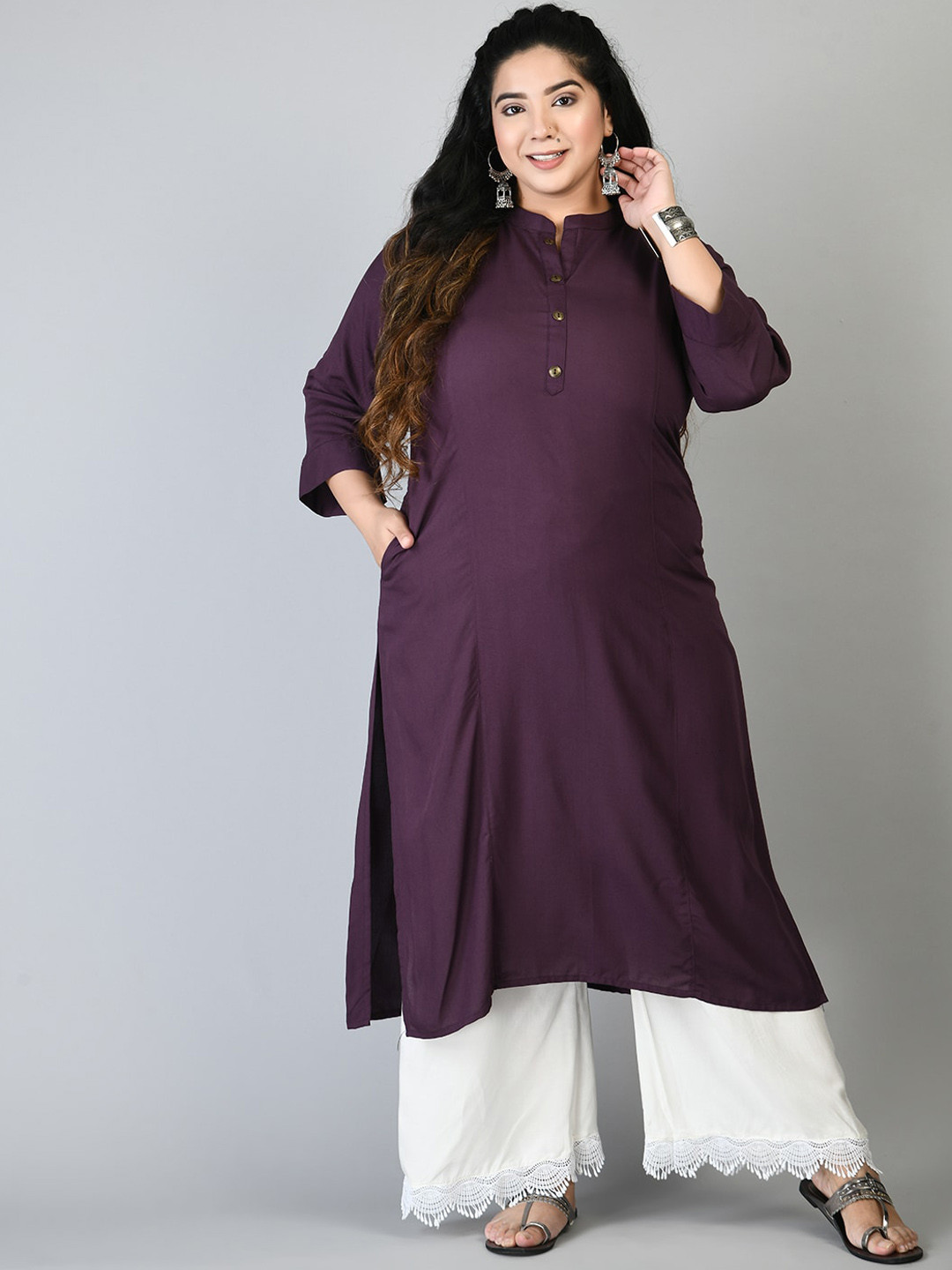 PrettyPlus by Desinoor.com Women Plus Size Purple Kurta