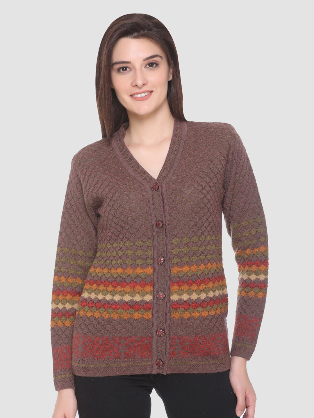 aarbee Women Coffee Brown & Orange Cardigan