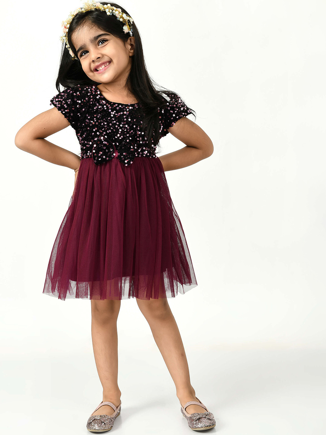 Bella Moda Girls Maroon & Black Colourblocked Fit and Flare Dress