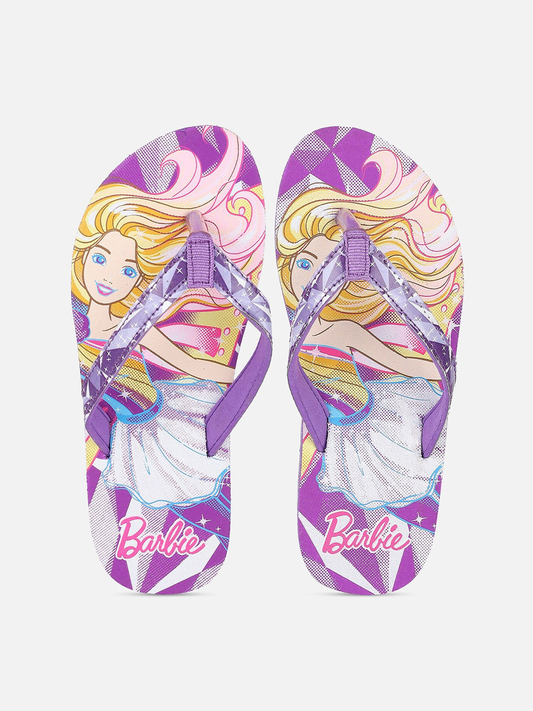 Kids Ville Girls Purple & White Barbie Printed Rubber Room Slippers