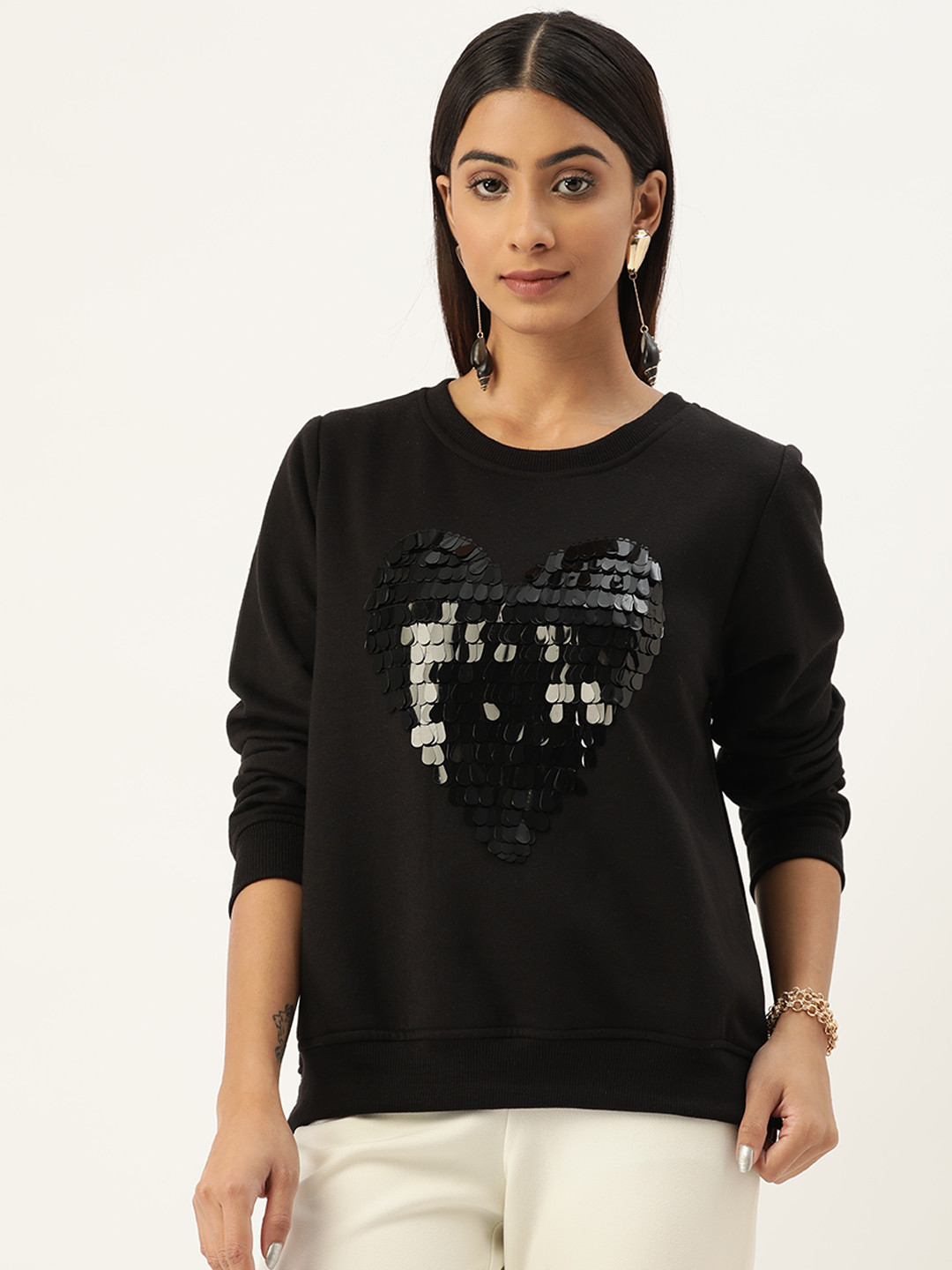 Antheaa Women Black Heart Sequinned Cotton Sweatshirt