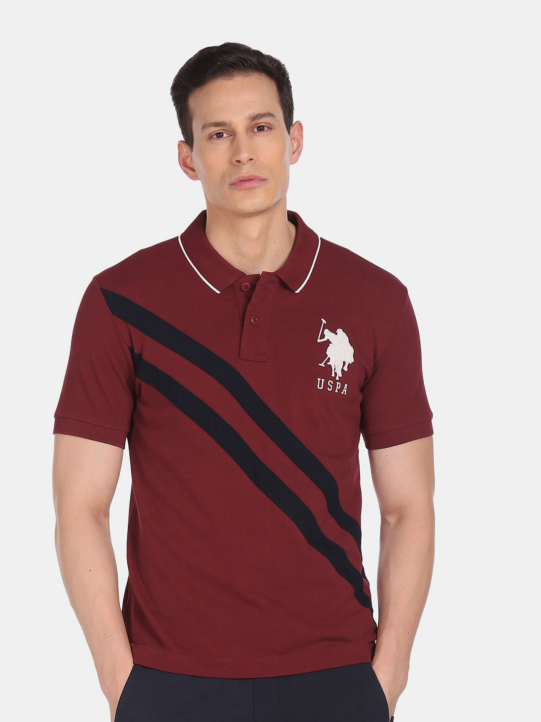 U.S. Polo Assn. Men Red Striped Polo Collar T-shirt