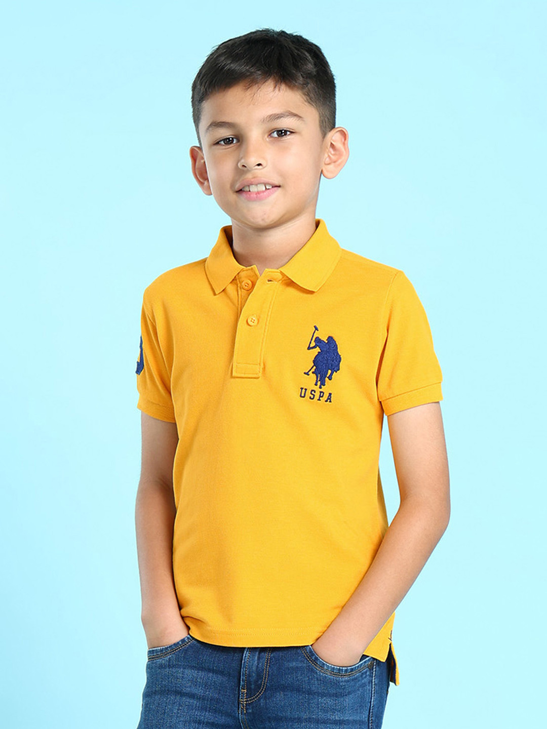 U S Polo Assn Boys Yellow Brand Logo Polo Collar Pure Cotton T-shirt
