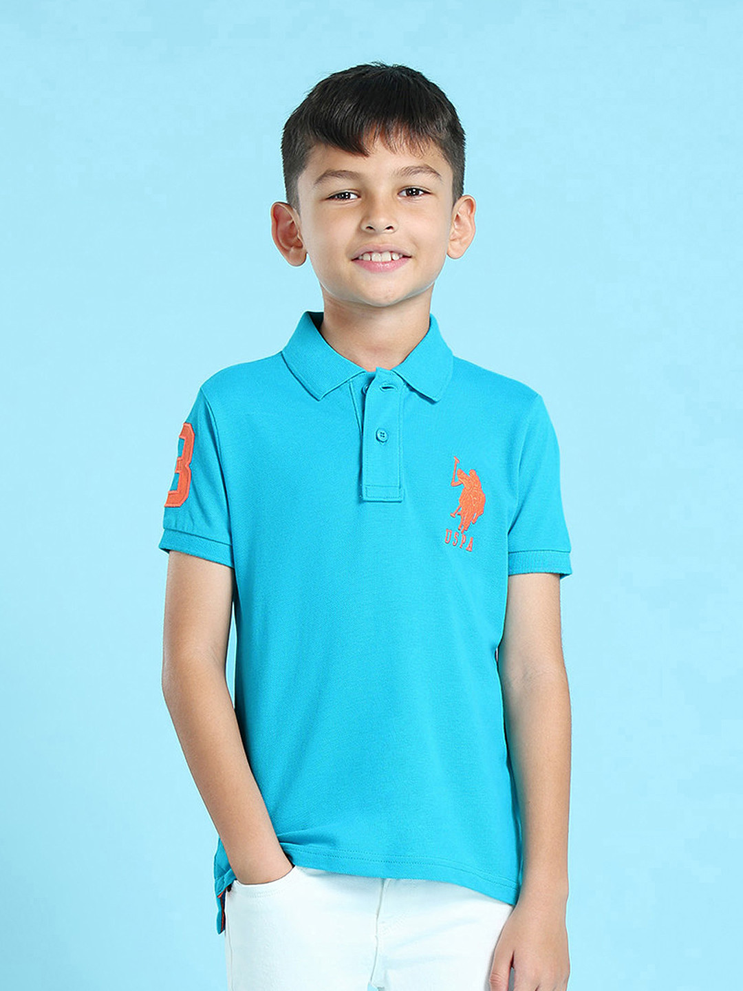 U S Polo Assn Boys Blue & Orange Brand Logo Polo Collar Pure Cotton T-shirt