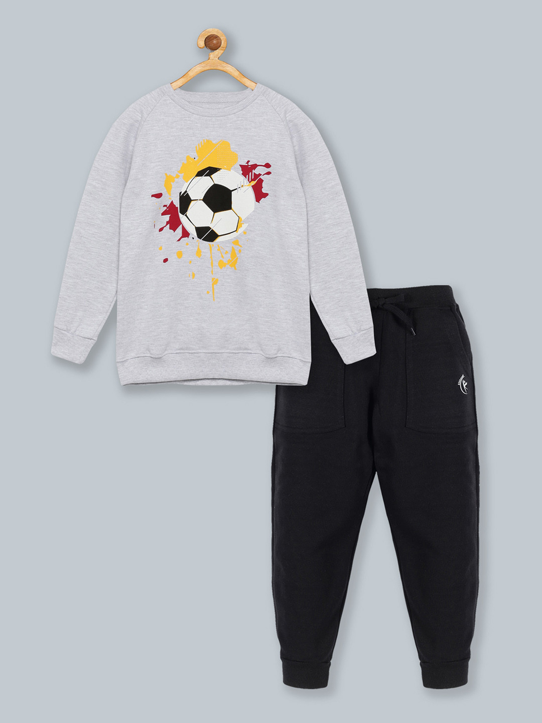 KiddoPanti Boys Grey Melange & Black Printed T-shirt & Solid Track Pant Set