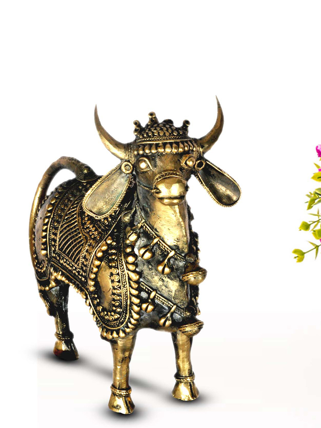 SHREE KALA HOME DECOR Antique Standing Nandi Gold Brass Metallic Prayer Room Small Showpiece - 11.5 Inches