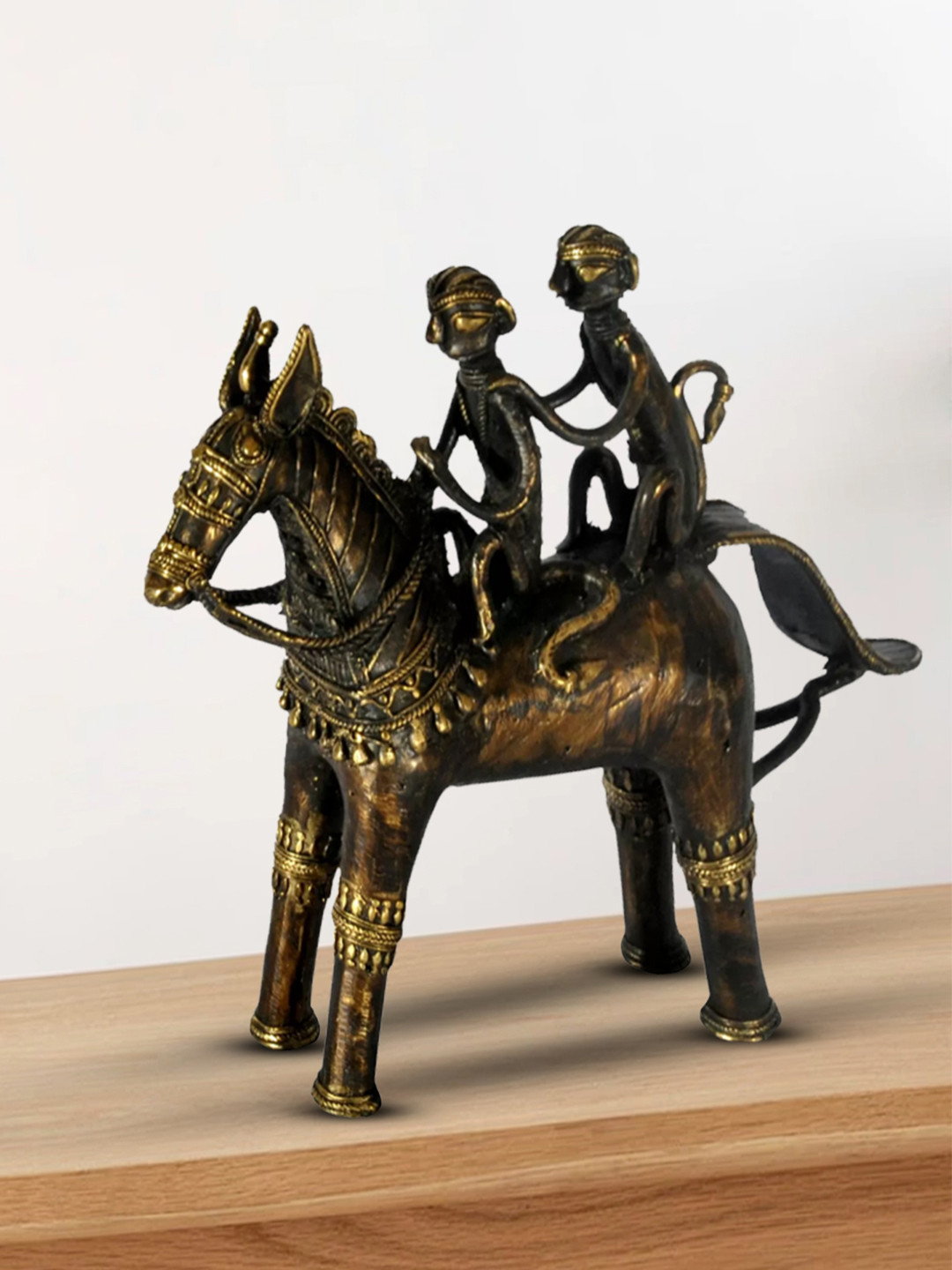 SHREE KALA HOME DECOR Monkey Duo On A Tribal Horse Bronze Brass Metallic Prayer Room Medium Showpiece - 12 Inches